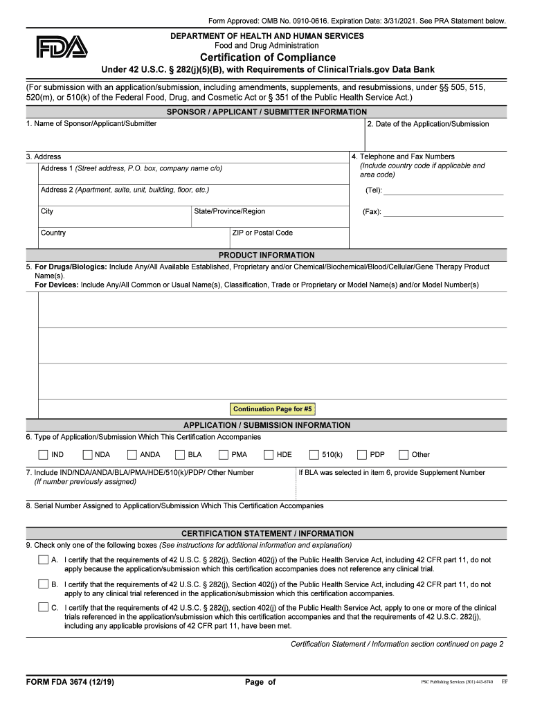  FORM FDA 3674 Certification of Compliance under 42 U S C 282j5B, with Requirements of ClinicalTrials Gov Data Bank 2019