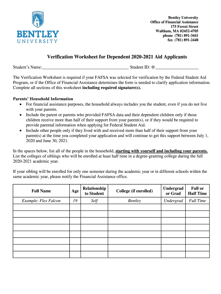 Verification Worksheet for Dependent Aid Applicants  Form