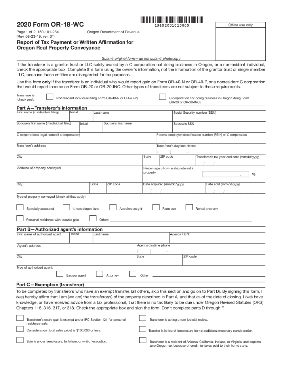  Form or 18 WC, Report of Tax Payment or Written Affirmation for Oregon Real Property Conveyance, 150 101 284 2020