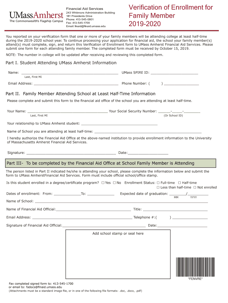 Get and Sign Verification of Enrollment for Family Member Form UMass 2019-2022