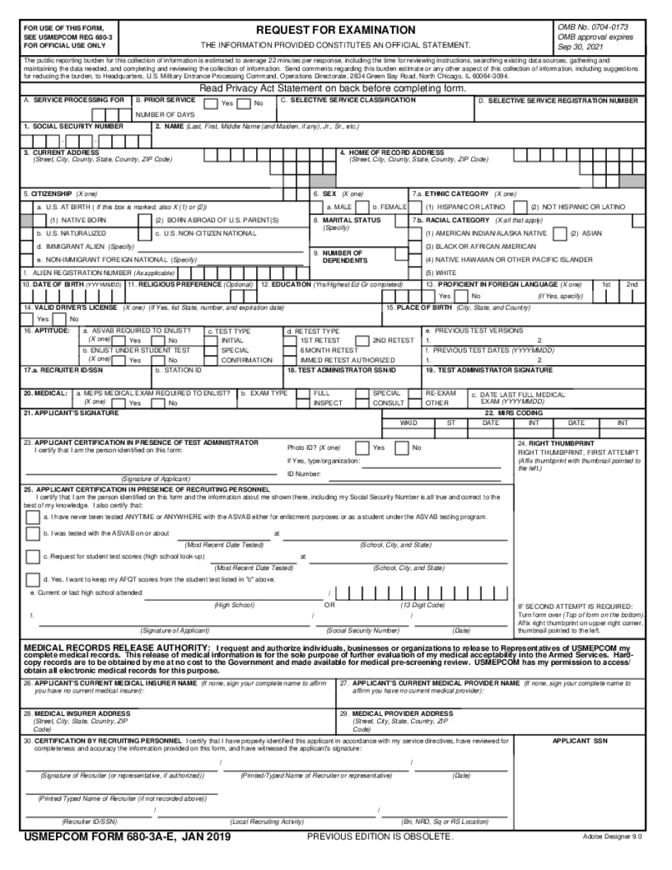 USMEPCOM Form 680 3A E, Request for Examination, June