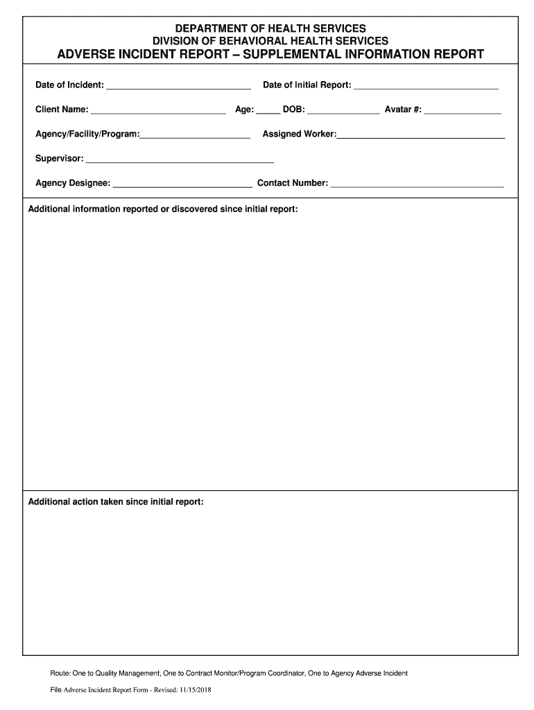 Division of Behavioral Health Services Adverse Incident Report Supplemental  Form