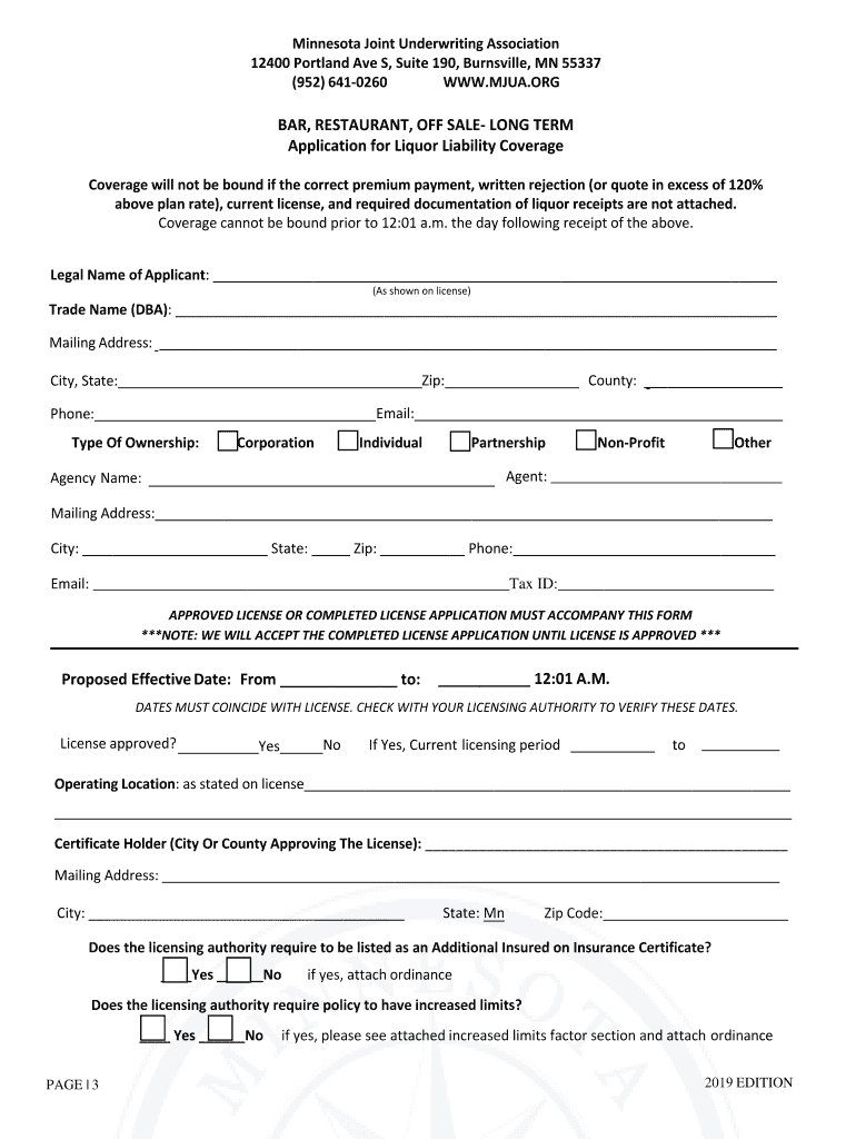 APPLICATION for LIQUOR LIABILITY COVERAGE SHORT TERM  Form