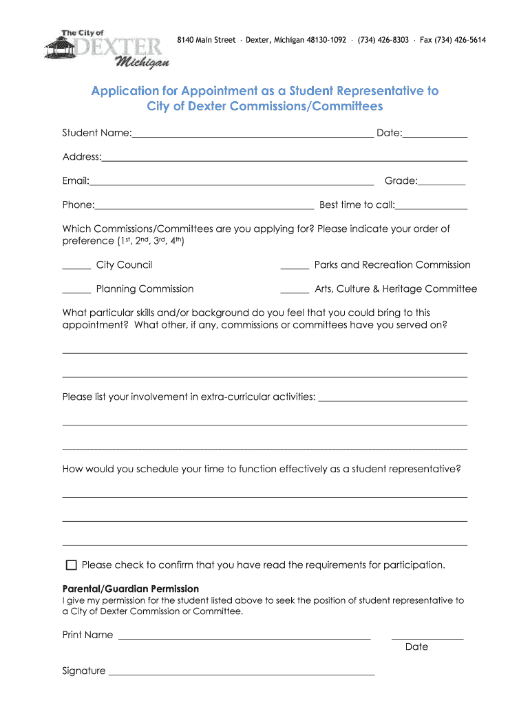 Application for Appointment as a Student Representative to  Form