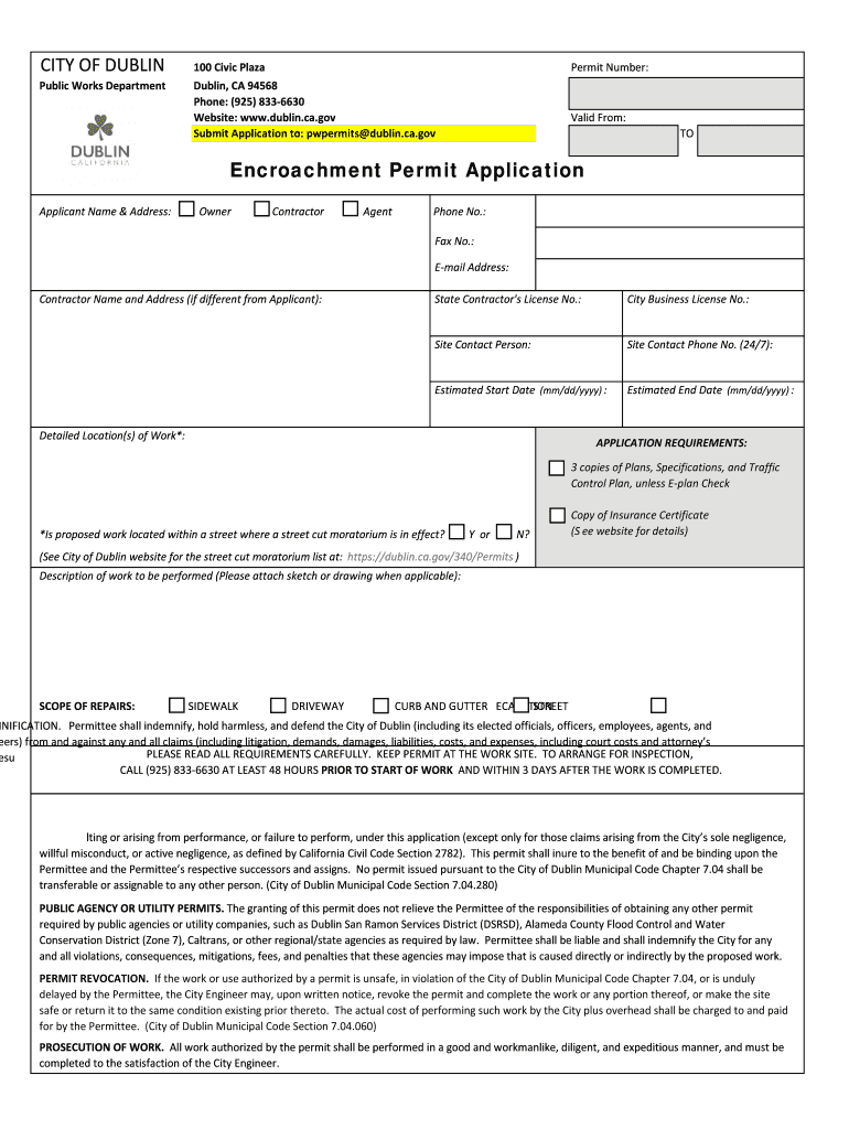  Encroachment Permit Application City of Dublin 2019-2024