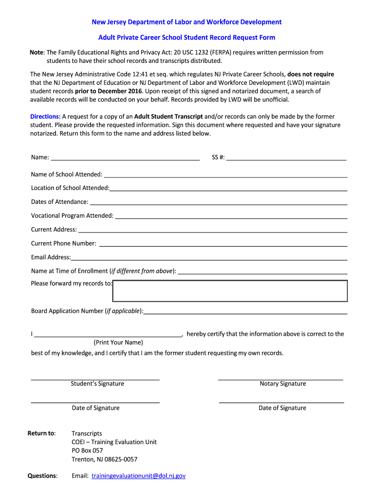 Adult Private Career School Student Record Request Form