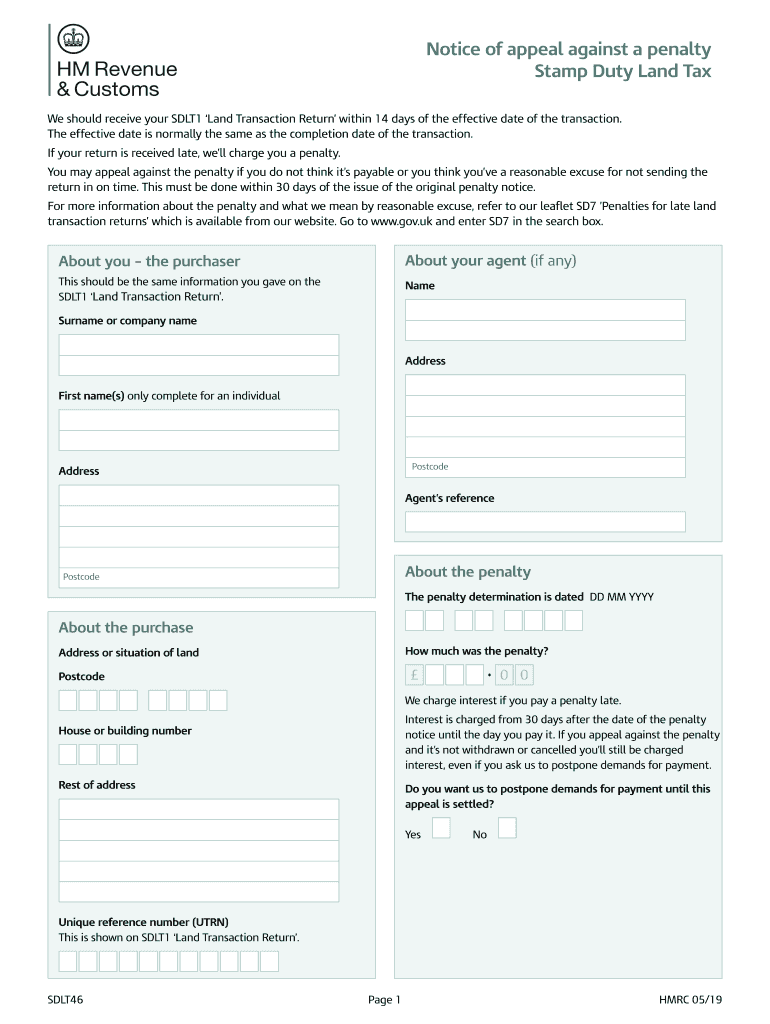  SDLT46 Notice of Appeal Against a Penalty Stamp Duty Land Tax 2019-2024