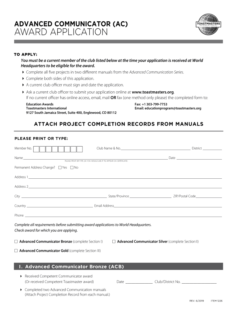  Advanced Communicator Award Application Toastmasters 2019-2024