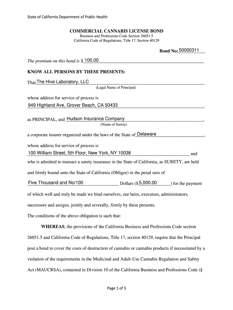 Commercial Cannabis Licensee Bond Form State of California