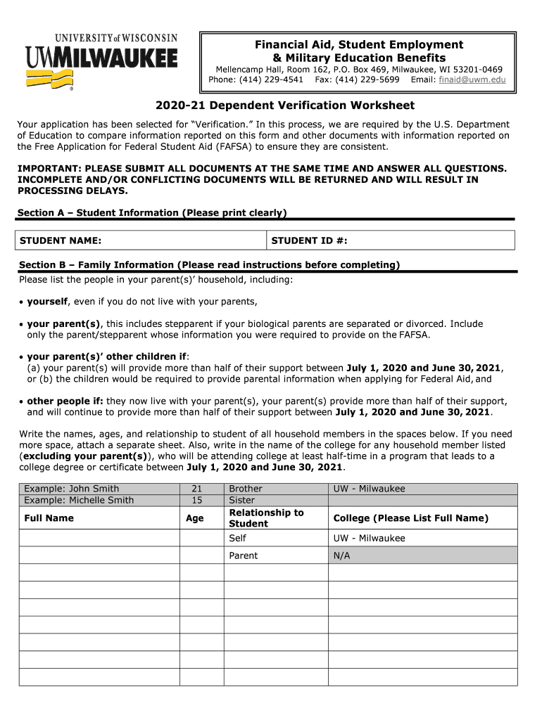 Get and Sign Dependent Verification Worksheet and Instructions UW 2020-2022 Form