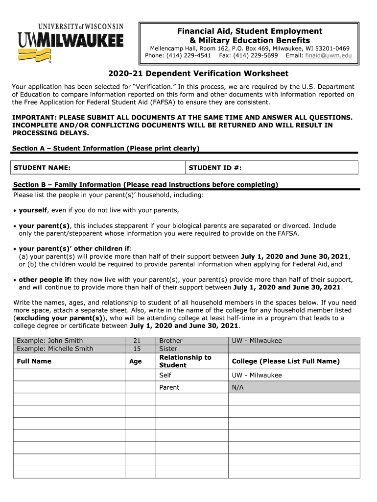  Dependent Verification Worksheet and Instructions UW 2020-2024