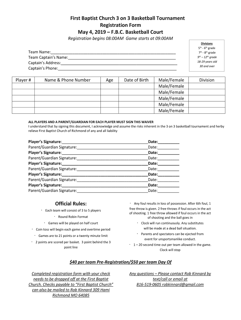 First Baptist Church 3 on 3 Basketball Tournament  Form