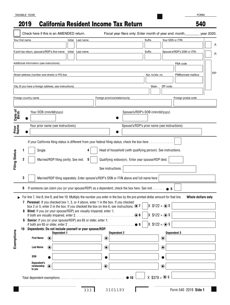  Form 540 California Resident Income Tax Return Form 540 California Resident Income Tax Return 2019