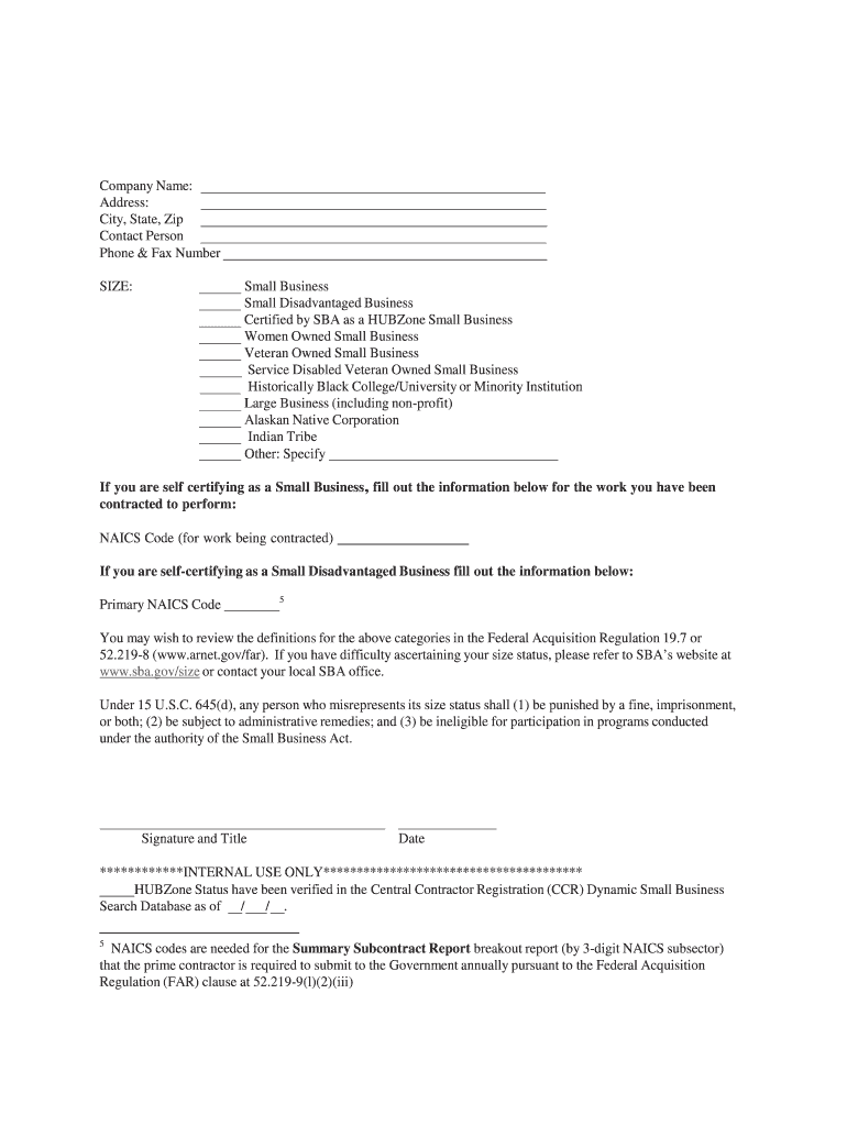 SIZECLASSIFICATION SELF CERTIFICATION FORM in Order