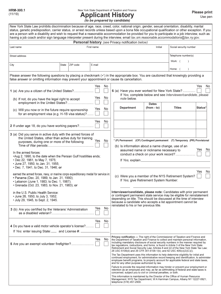  Form HRM 300 11119Applicant Historyhrm3001 Tax Ny Gov 2019-2024