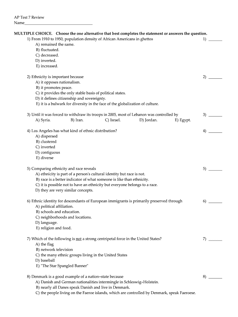 Ap Human Geography Unit 7 Test PDF  Form