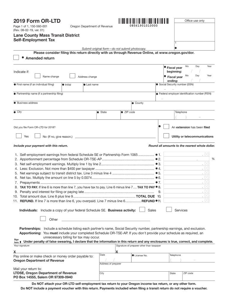 Form or LTD, Lane County Mass Transit District Self Employment Tax, 150 560 001