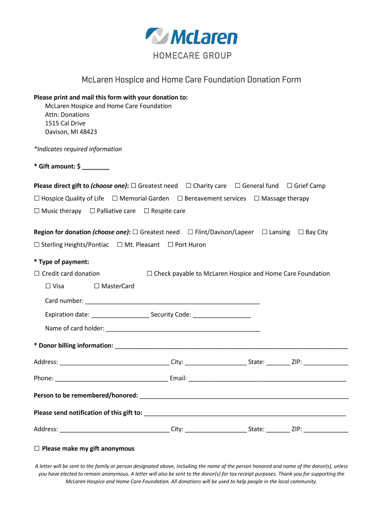 McLaren Hospice and Home Care Foundation Donation Form