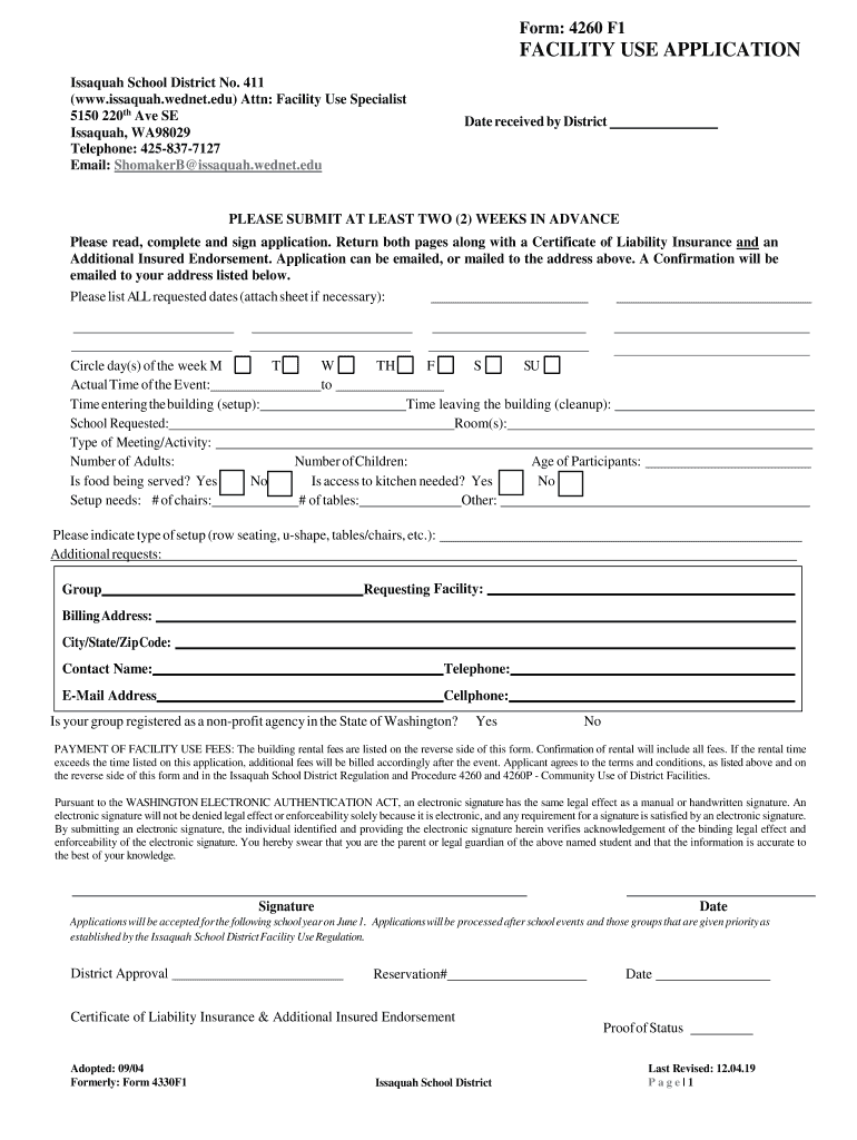  Facilities Use and Scheduling Issaquah School District 2019-2024