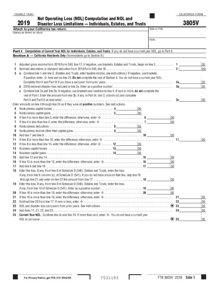  Form 3805V Net Operating Loss NOL Computation and NOL AndDisaster Loss Limitations Individuals, Estates, and Trusts 2019Form 380 2019