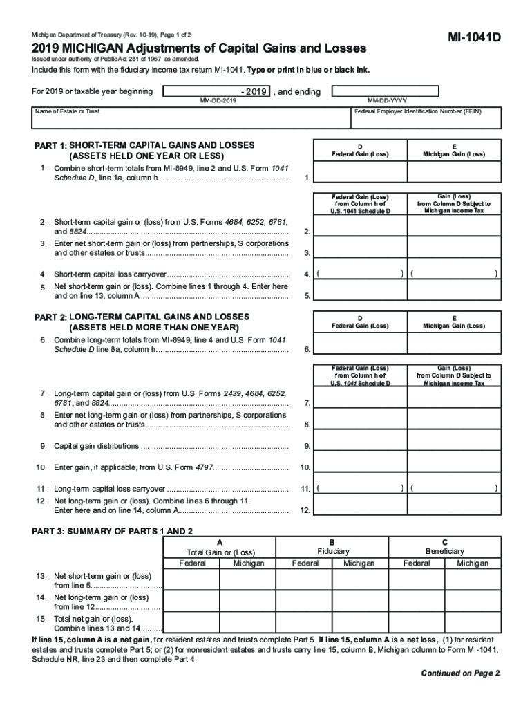  MICHIGAN Adjustments of Capital Gains and Losses MI 1041D MICHIGAN Adjustments of Capital Gains and Losses MI 1041D 2019