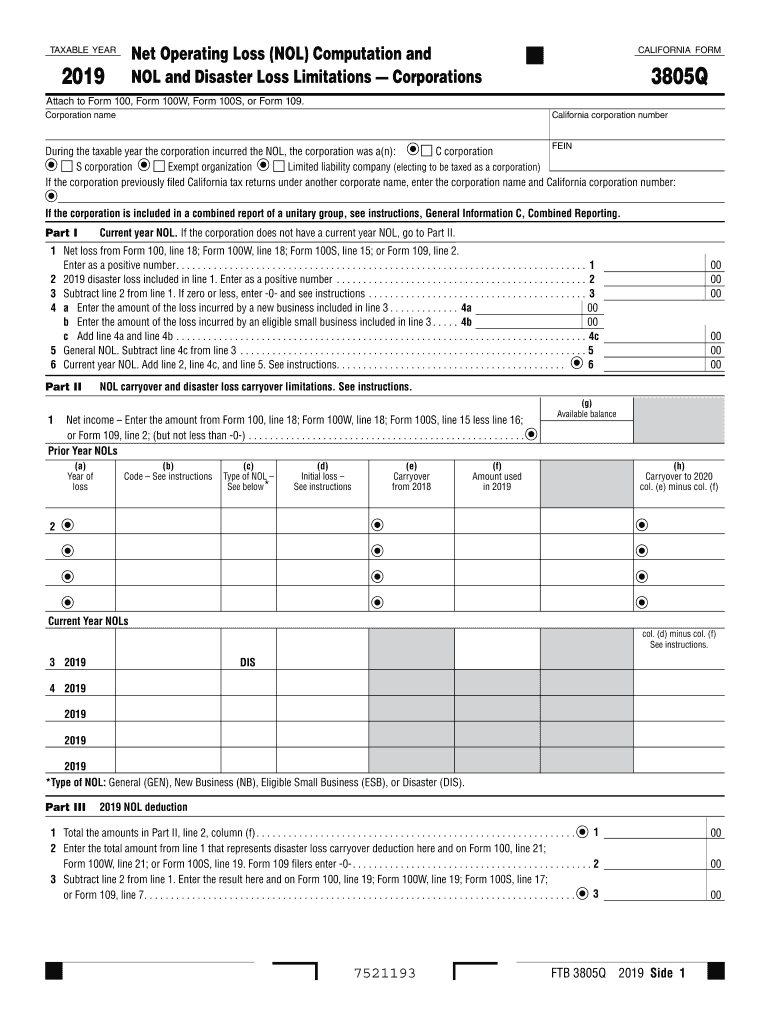  Form 3805Q Net Operating Loss NOL Computation and NOL and Disaster Loss LimitationsCorporations Form 3805Q Net Operating Loss NO 2019