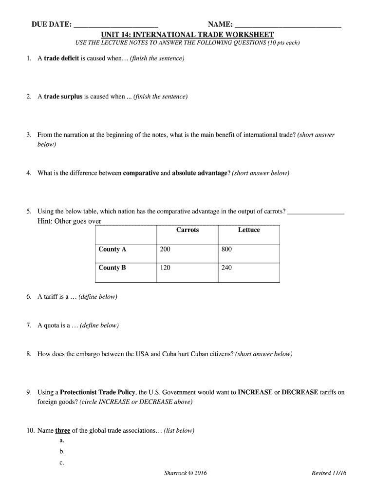 International Trade Worksheet  Form