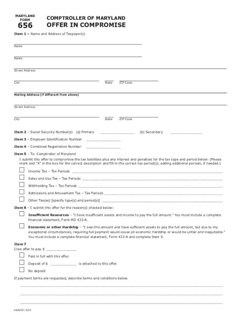Form Md 656 State of Maryland Comptroller of Maryland Offer in