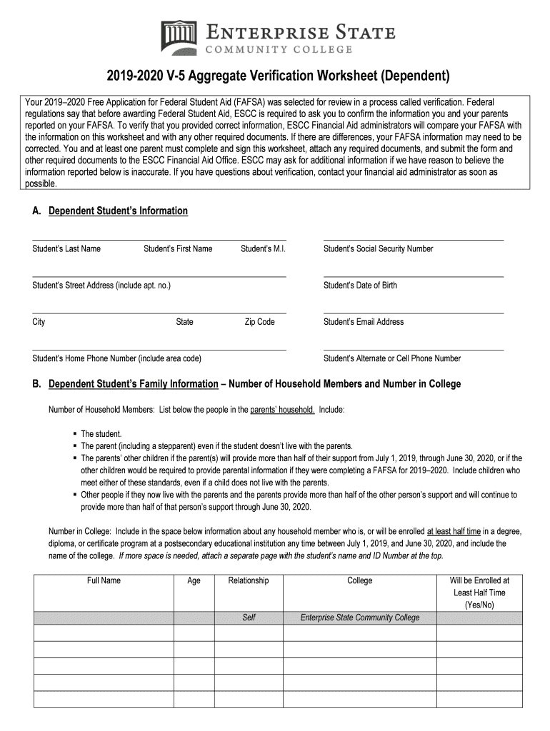  20192020 Verification Worksheet Dependent Student V5 2019