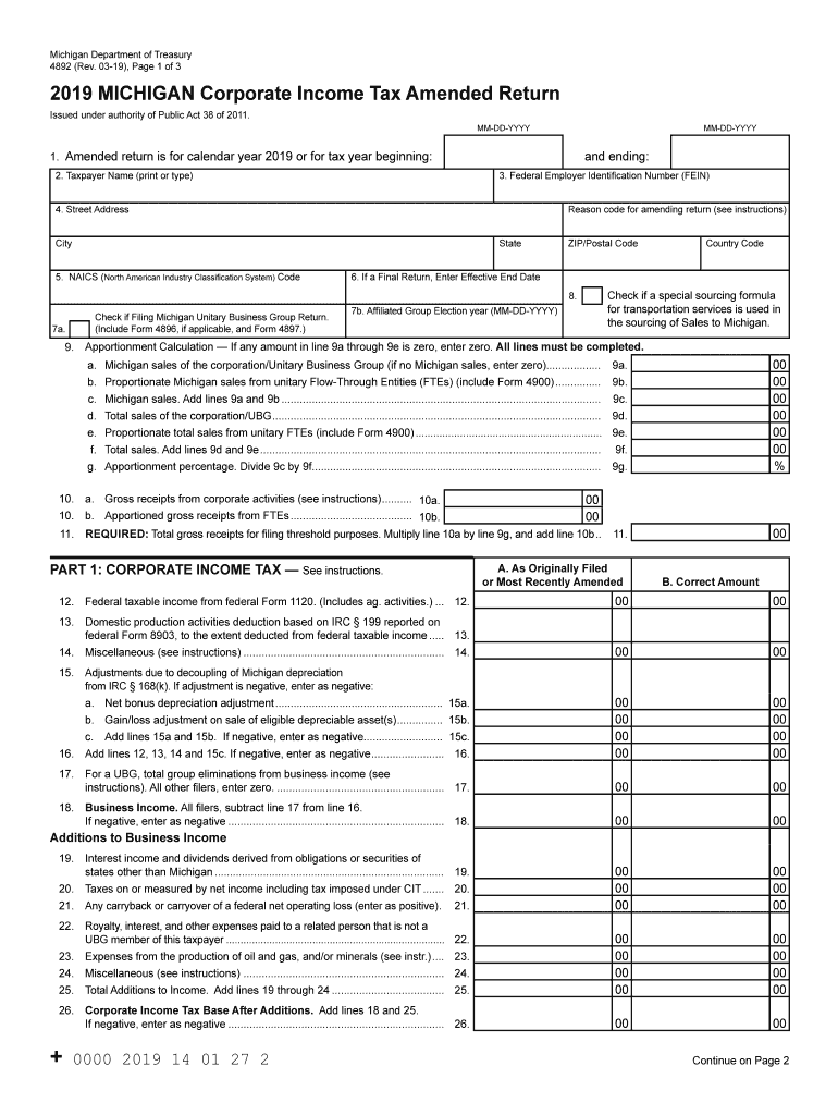  4892, Corporate Income Tax Amended Return State of 2019