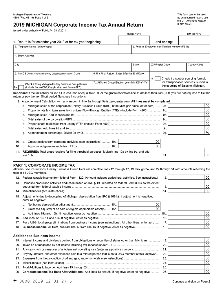  4892, Michigan Corporate Income Tax Amended Return 2019