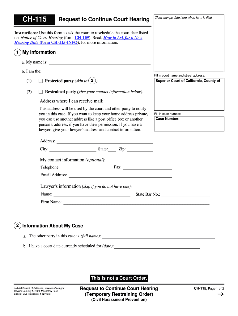  CH 115 Request to Continue Court Hearing Temporary Restraining Order Judicial Council Forms 2020-2024