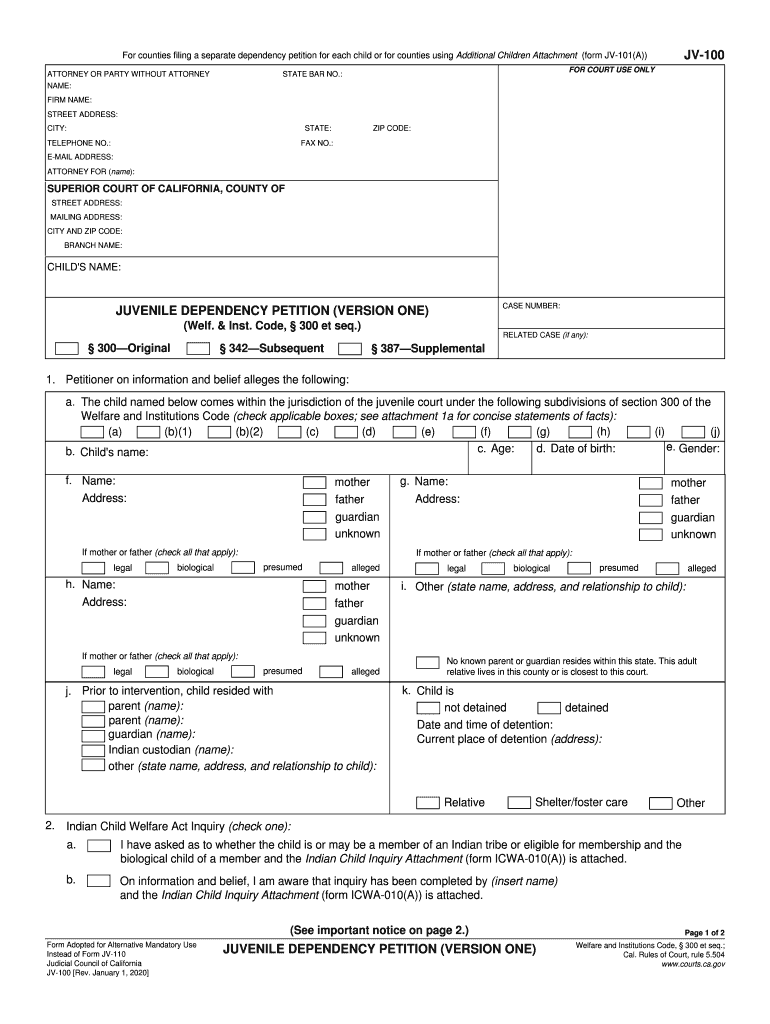  JV 100 Juvenile Dependency Petition pdfFiller 2020-2024