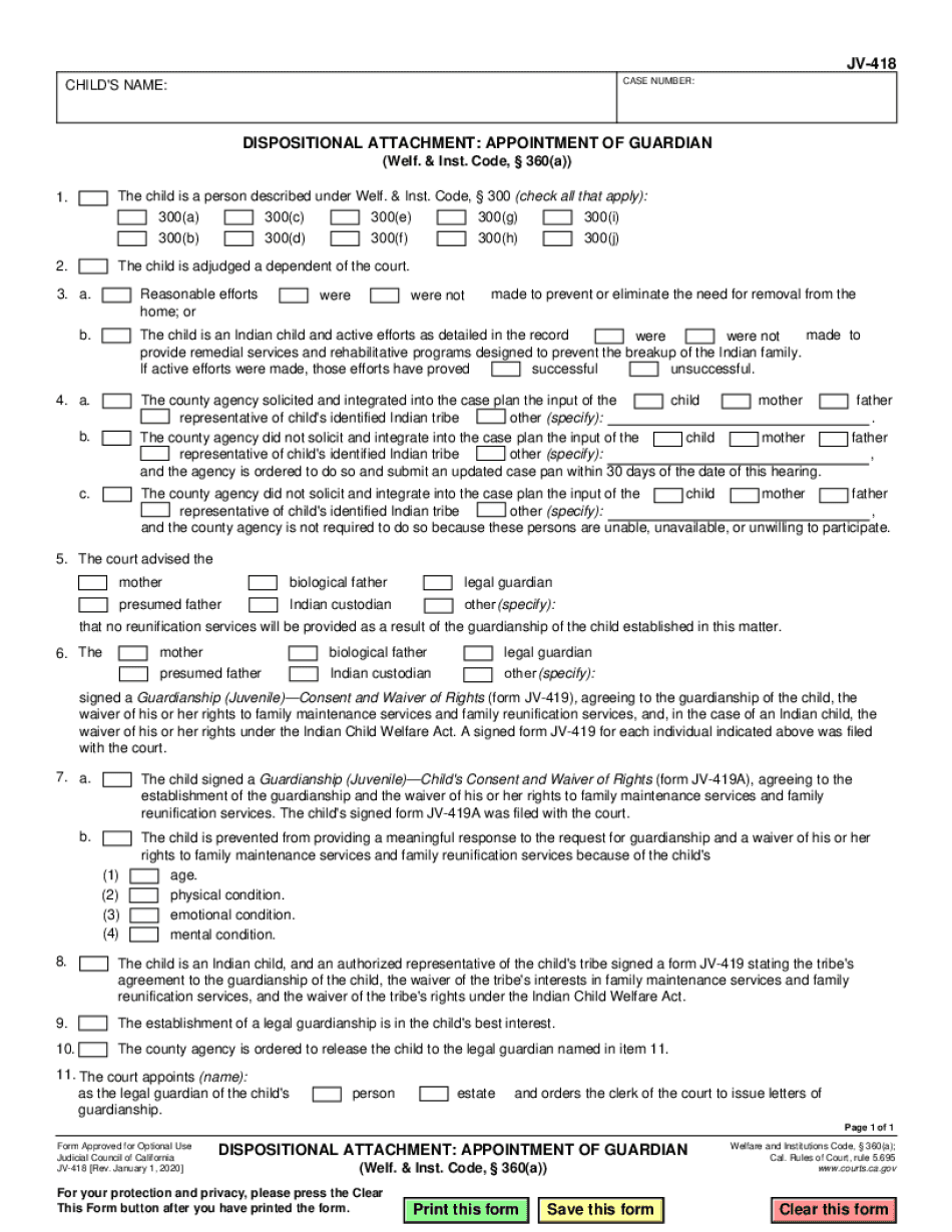  Form JV 416 'Dispositional Attachment Dismissal of Petition 2020