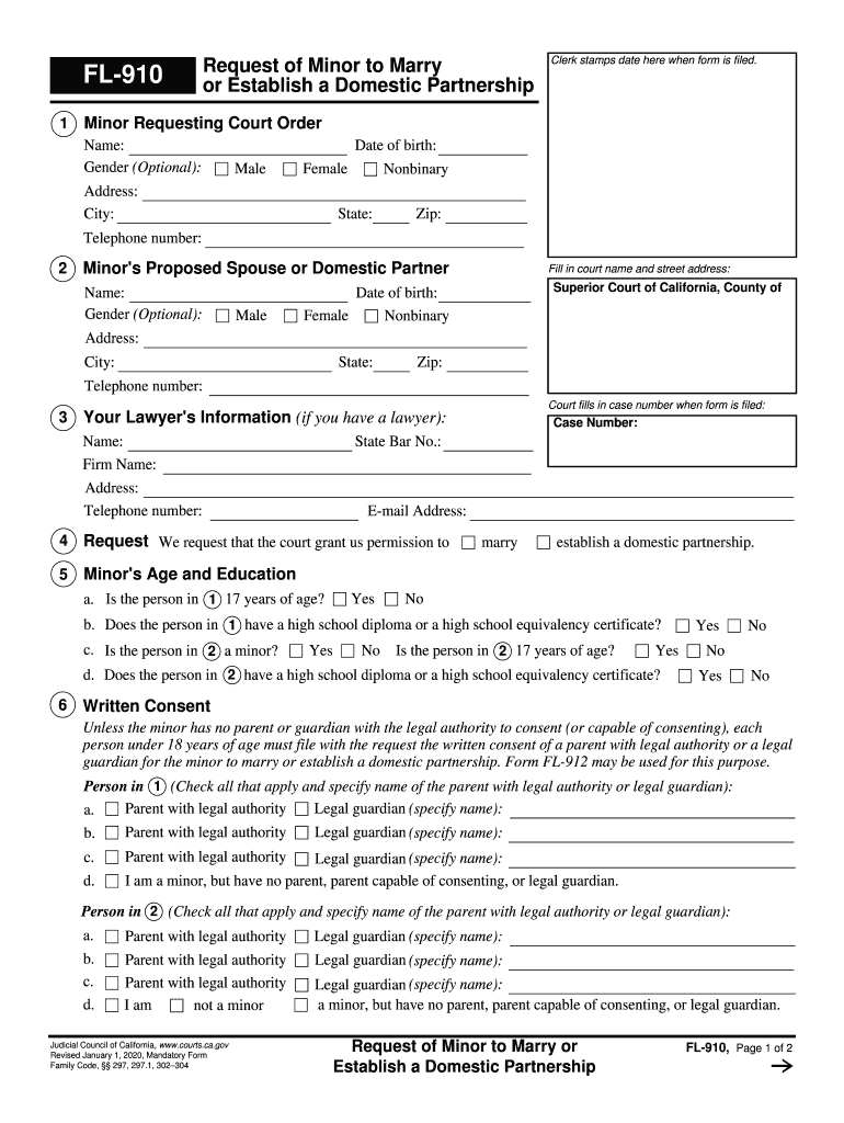  FL 910 Request of Minor to Marry or Judicial Council Forms 2020-2024