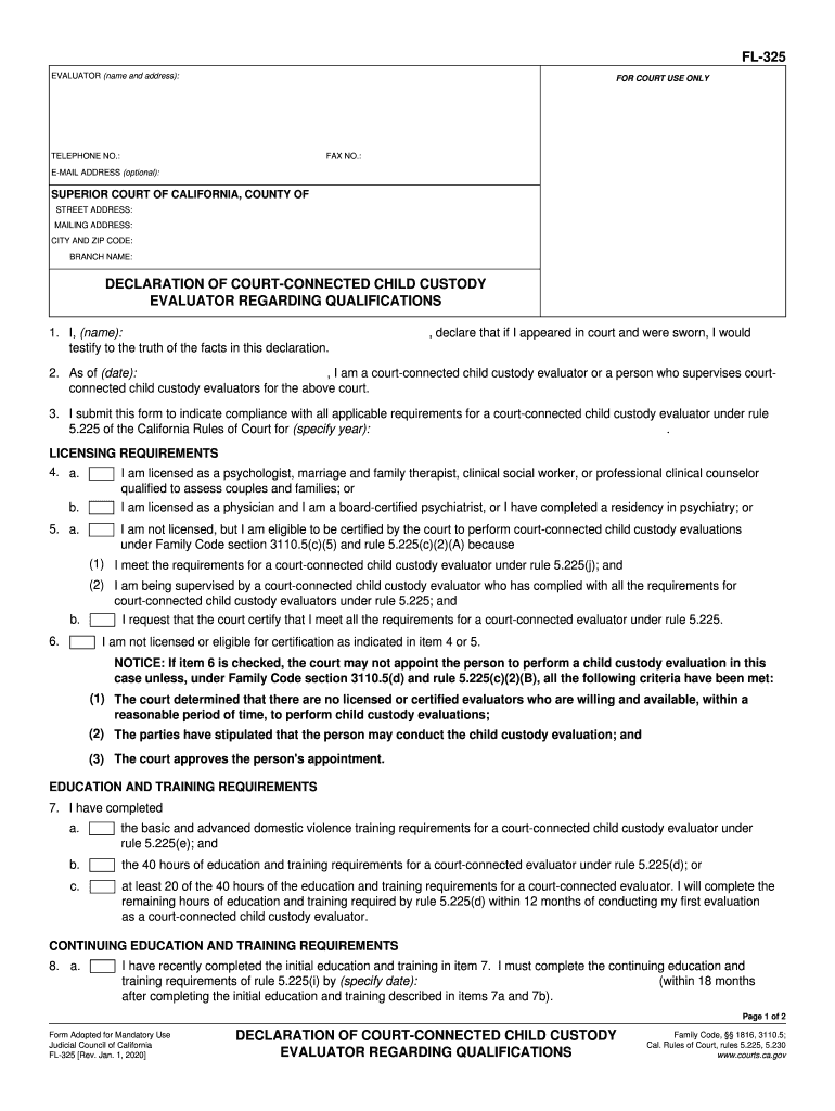  FL 325 Declaration of Court Connected Child Custody Evaluator Regarding Qualifications Judicial Council Forms 2020-2024