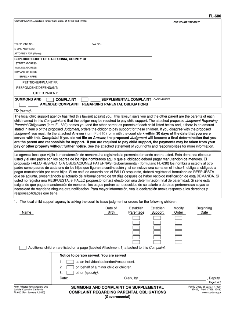  FL 600 Summons and Complaint or Supplemental Complaint Regarding Parental Obligations Governmental Judicial Council Forms 2020-2024