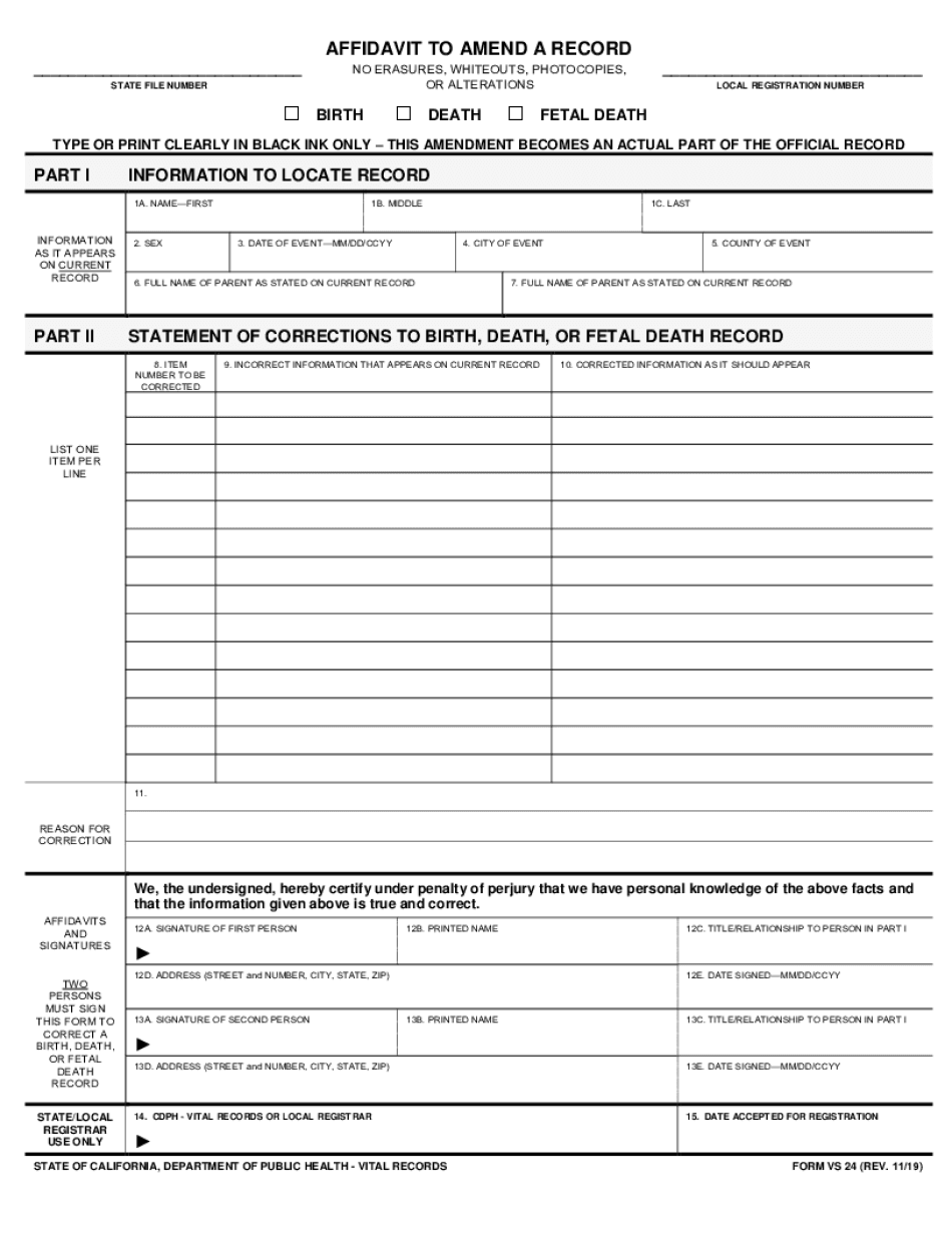  Affidavit to Amend a Record California Department of Public 2019