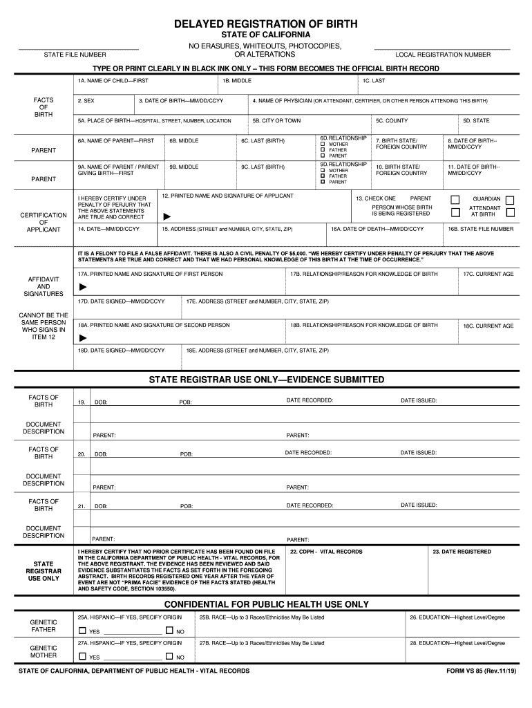  DELAYED REGISTRATION of BIRTH VS 85 2019