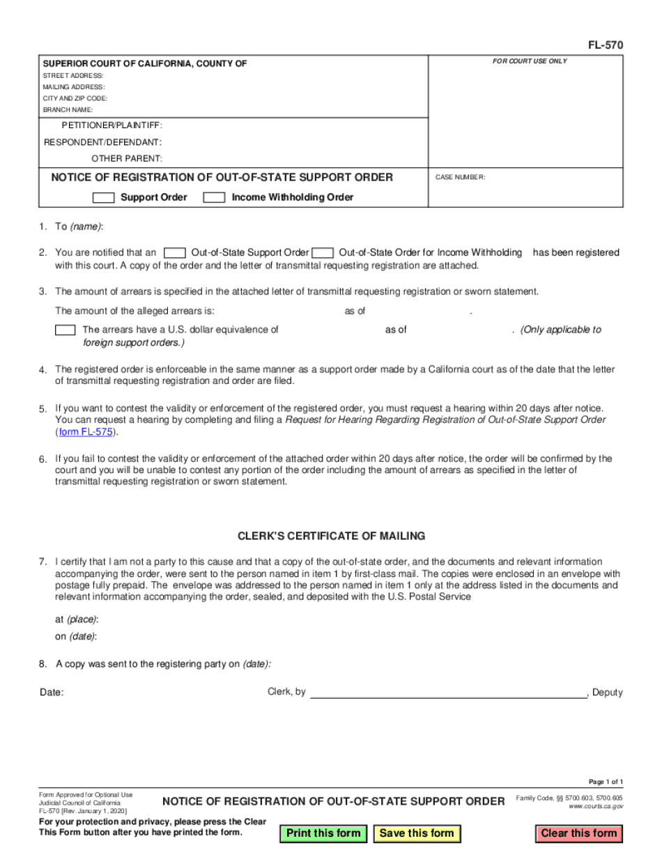  FL 570 Notice of Registration of Out of State Support Order Judicial Council Forms 2020-2024