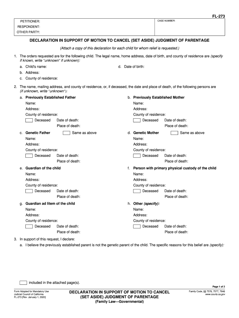  FL 273 Declaration in Support of Motion to Cancel Set Aside Judgment of Parentage Family Law Governmental Judicial Council Forms 2020-2024