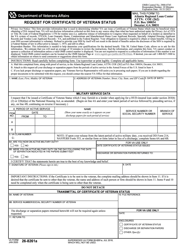  REQUEST for CERTIFICATE of VETERAN STATUS 26 2020