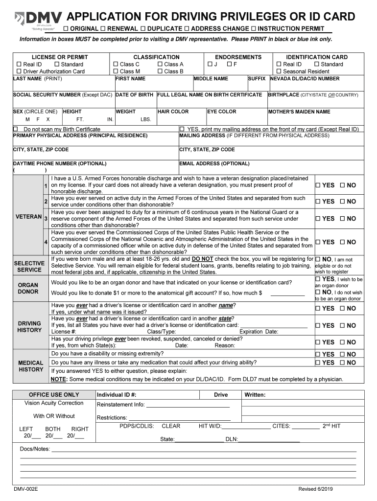  DMV 002 Driver's License or Identification Card Application English 2019-2024