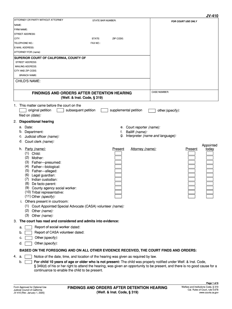  JV 410 Findings and Orders After Detention Hearing Judicial Council Forms 2020