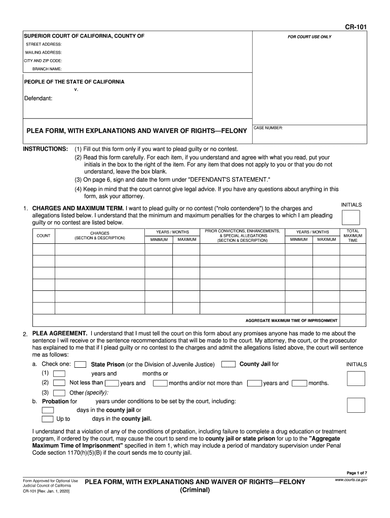  CR 101 Plea Form, with Explanations and Waiver of RightsFelony Criminal Judicial Council Forms 2020-2024