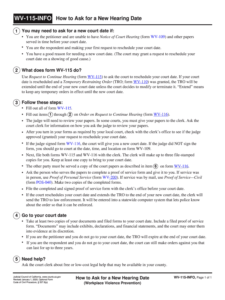  WV 115 INFO How to Ask for a New Hearing Date Judicial Council Forms 2020-2024