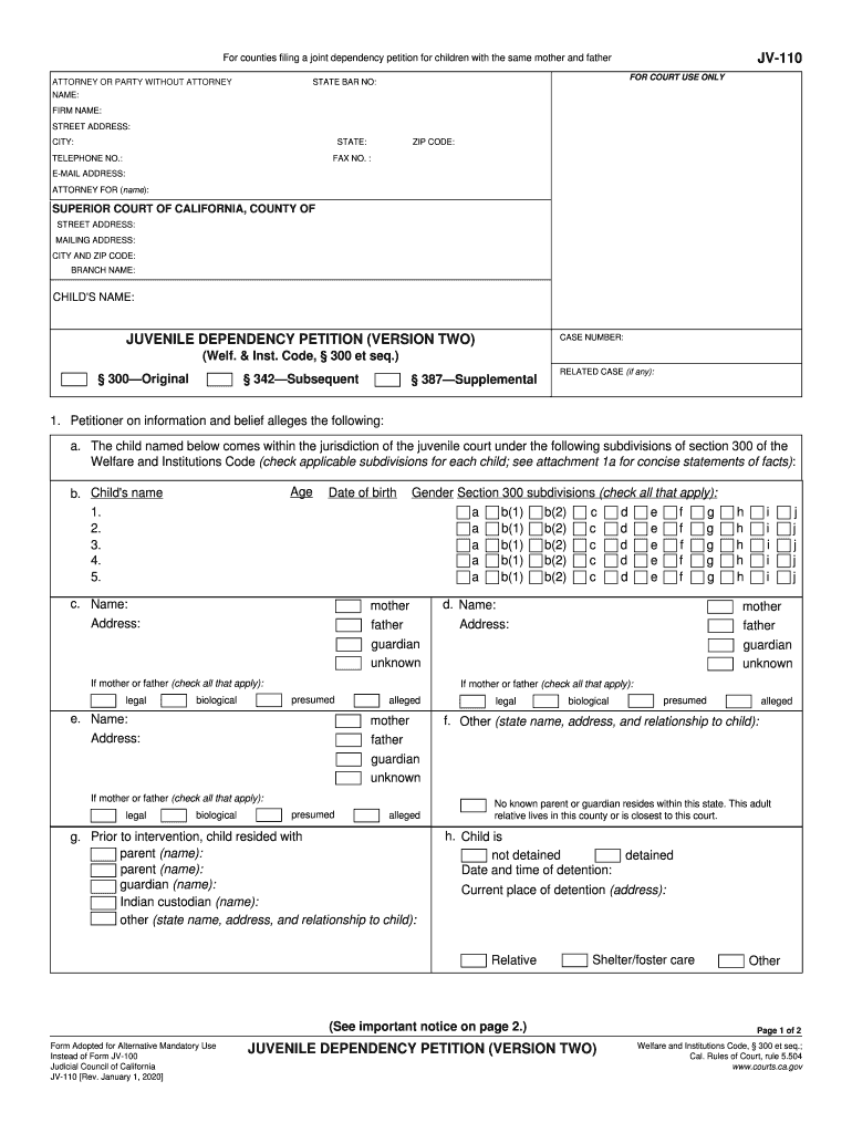  JV 110 Juvenile Dependency Petition Version Two Judicial Council Form 2020