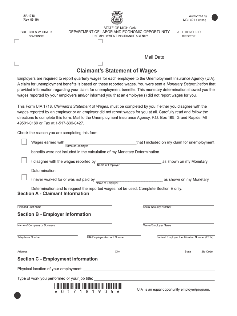  UIA 1718, Unemployed Worker's Statement of Wages 2019-2024