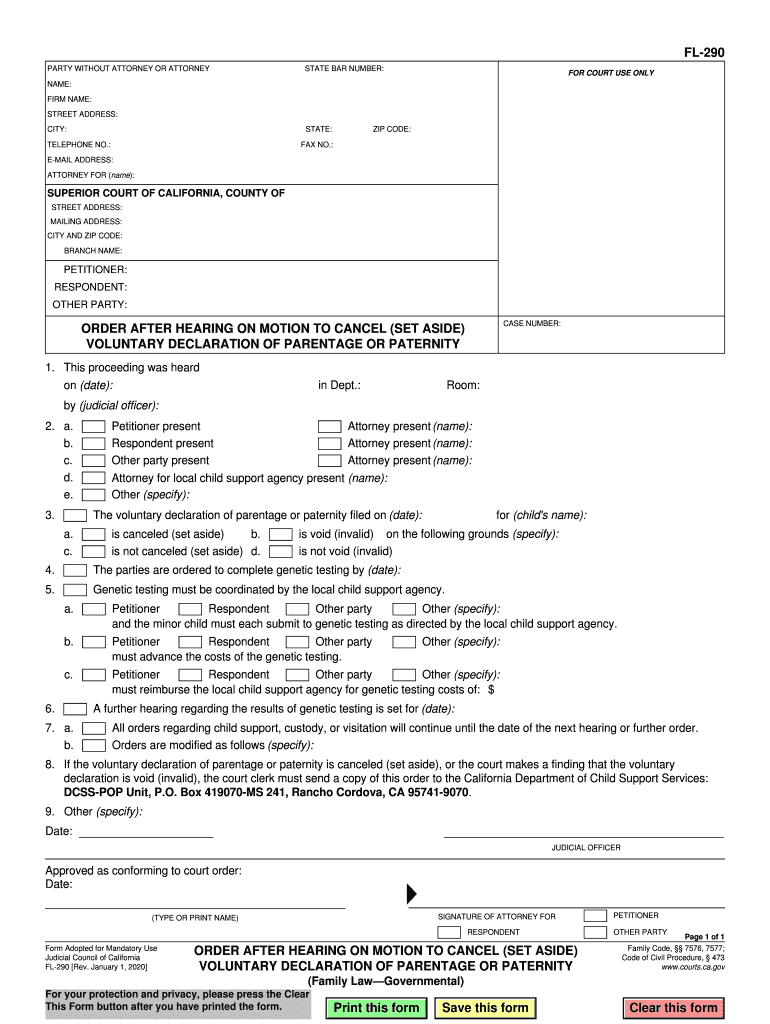  FL 290 Order After Hearing on Motion to Cancel Set Aside Voluntary Declaration of Parentage or Paternity Family Law Governmental 2020-2024