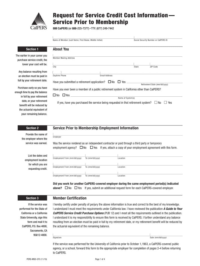 CalPERS Request for Service Credit Cost InformationService Prior to Membership Form PERS MSD 370 CalPERS Request for Service Cre